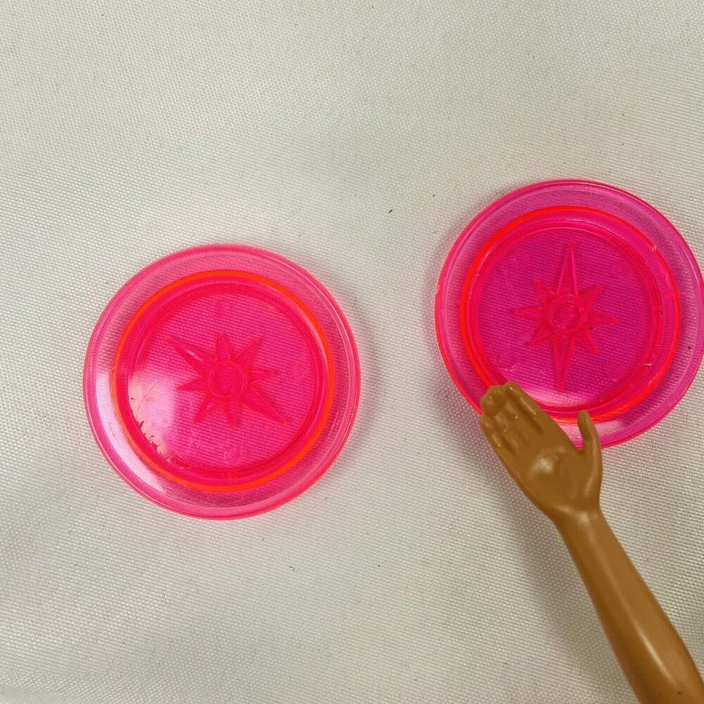 2 Doll Size Dinner Plates Bright Pink With Star Bottom Vintage